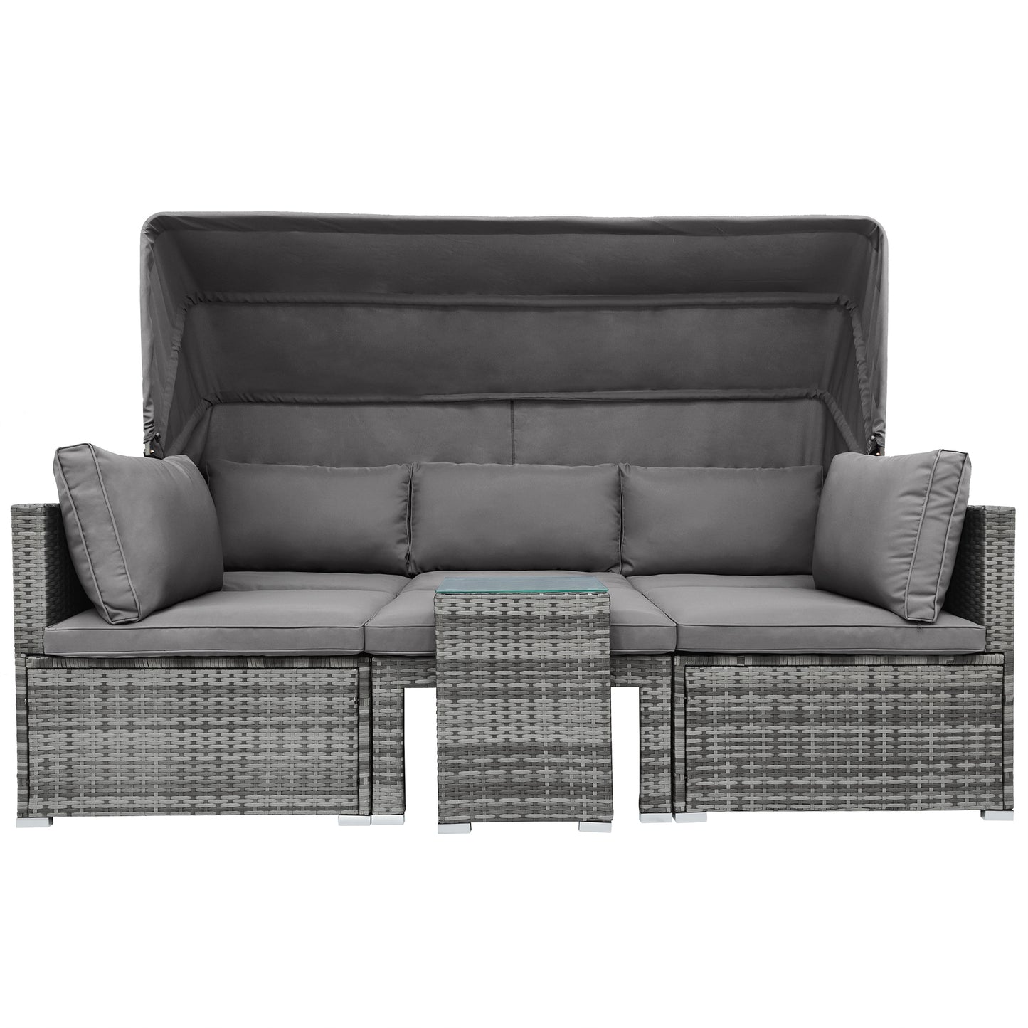 TOPMAX 5 Pieces Outdoor Sectional Patio Rattan Sofa Set Rattan Daybed , PE Wicker Conversation Furniture Set w/ Canopy and Tempered Glass Side Table, Gray