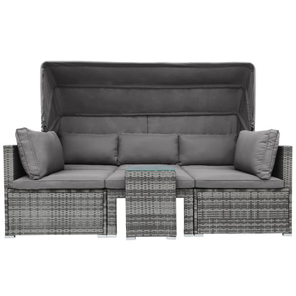 TOPMAX 5 Pieces Outdoor Sectional Patio Rattan Sofa Set Rattan Daybed , PE Wicker Conversation Furniture Set w/ Canopy and Tempered Glass Side Table, Gray