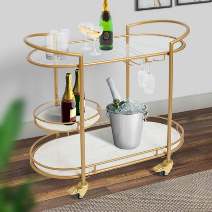 30 Inch 3 Tier Bar Cart with Matte Gold Metal Frame, White Marble and Glass Shelves