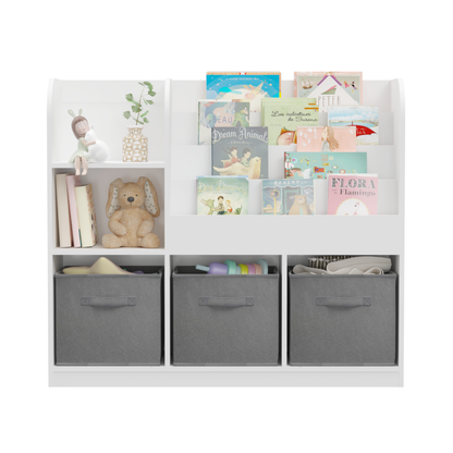 Kids Bookcase and Bookshelf, Multifunctional Bookcase with 3 Collapsible Fabric Drawers, Bookcase Display Stand, Toy Storage Organizer for Bedroom, Playroom, Hallway (White/Gray)