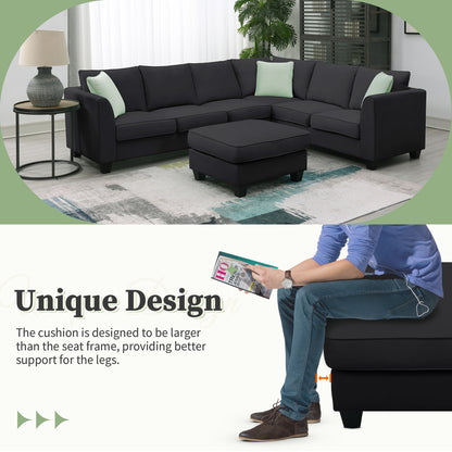 [VIDEO provided] 112*87" Sectional Sofa Couches Living Room Sets, 7 Seats Modular Sectional Sofa with Ottoman, L Shape Fabric Sofa Corner Couch Set with 3 Pillows, Black(New of GS008210AAB)