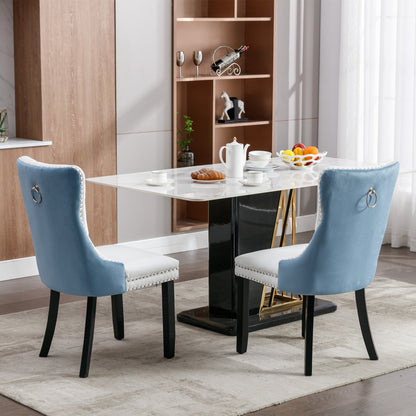 A&A Furniture,Nikki Collection Modern, High-end Tufted Solid Wood Contemporary PU and Velvet Upholstered Dining Chair with Wood Legs Nailhead Trim  2-Pcs Set, White+Light Blue, SW2101WL