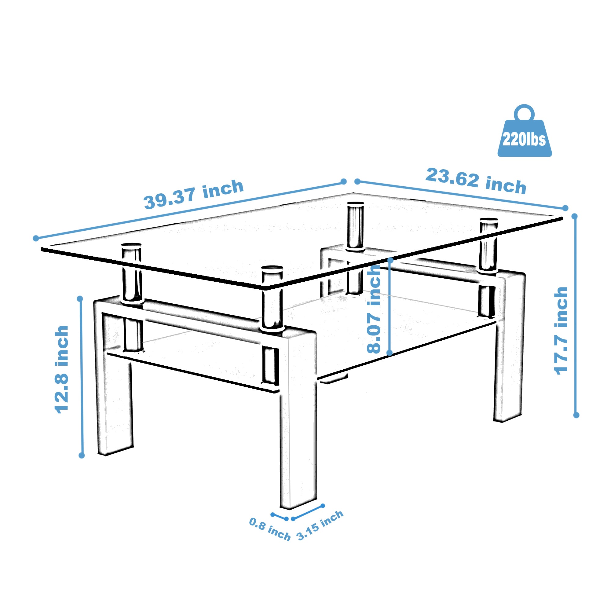 Rectangle Black Glass Coffee Table, Clear Coffee Table, Modern Side Center Tables for Living Room, Living Room Furniture