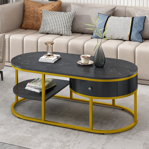 U-Can Modern Marble Golden Coffee Table, Metal Frame, with Drawers & Shelves Storage for Living Room