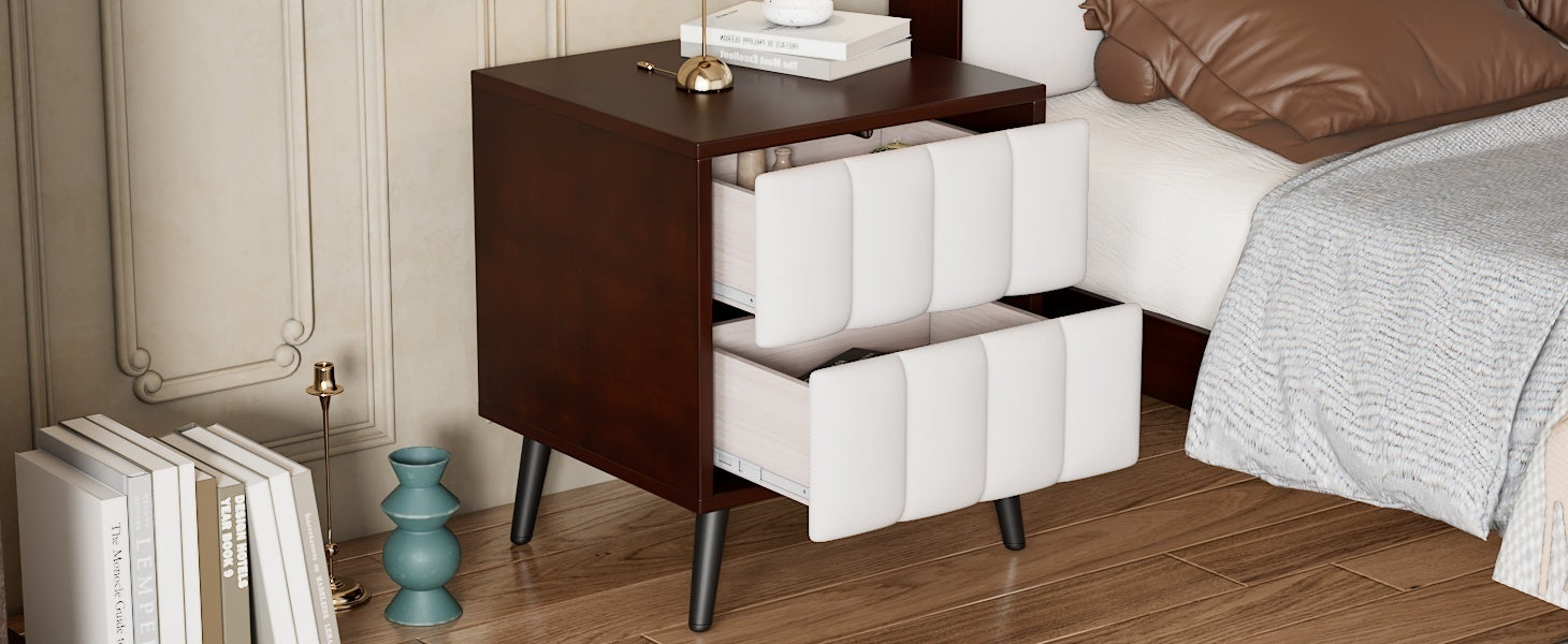 2-Drawer Nightstand for Bedroom, Mordern Wood+Linen Bedside Table with Classic Design,Walnut+Beige