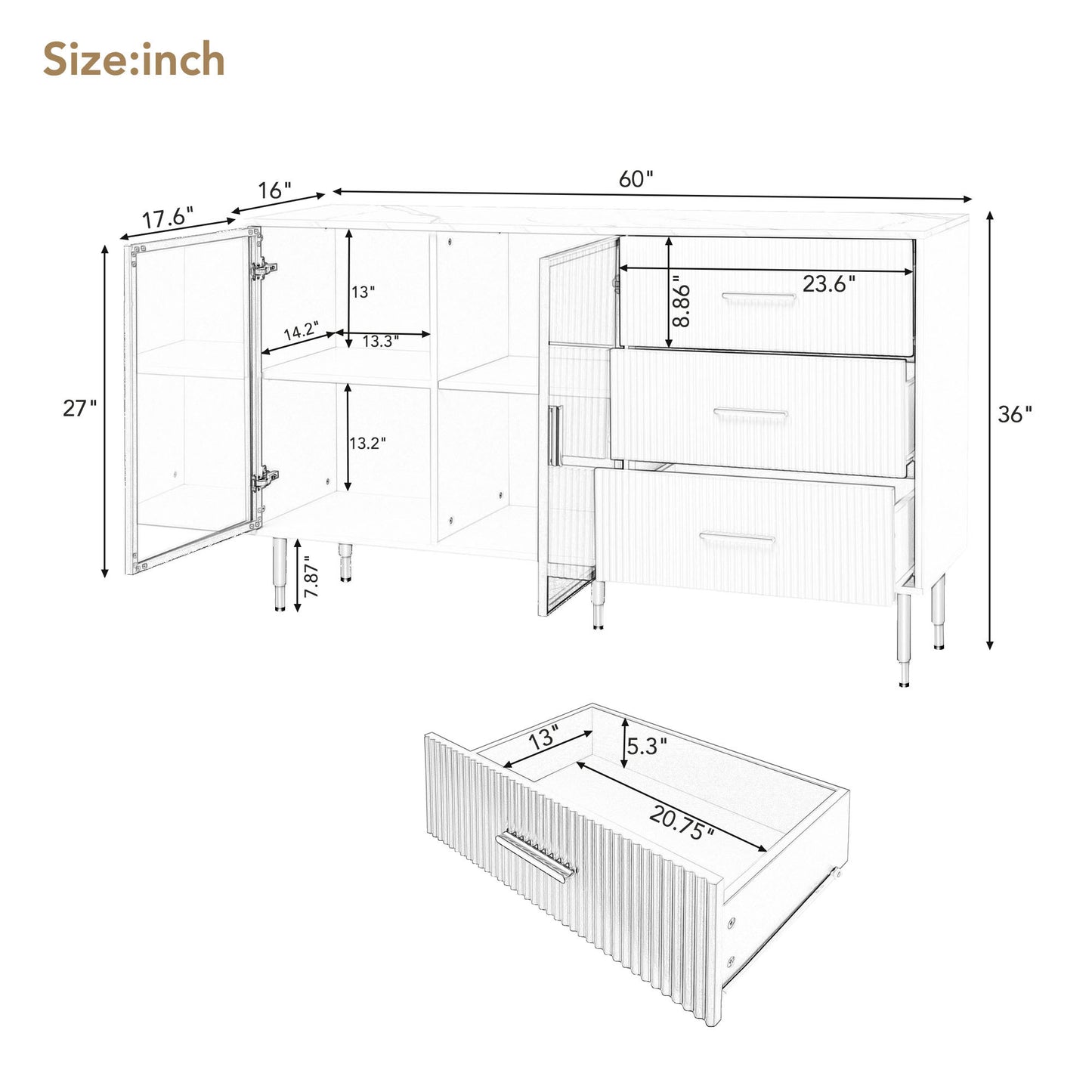 TREXM Modern Sideboard MDF Buffet Cabinet Marble Sticker Tabletop and Amber-yellow Tempered Glass Doors with Gold Metal Legs & Handles (Navy Blue)