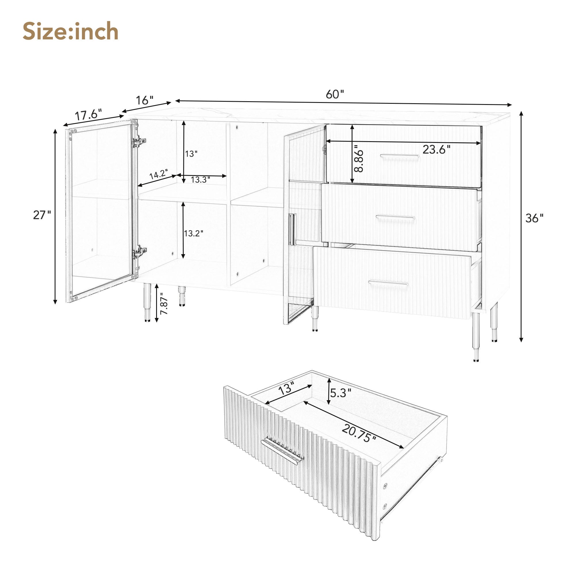 TREXM Modern Sideboard MDF Buffet Cabinet Marble Sticker Tabletop and Amber-yellow Tempered Glass Doors with Gold Metal Legs & Handles (Navy Blue)