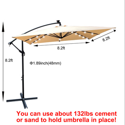 Square 2.5X2.5M Outdoor Patio Umbrella Solar Powered LED Lighted Sun Shade Market Waterproof 8 Ribs Umbrella with Crank and Cross Base for Garden Deck Backyard Pool Shade Outside Deck Swimming Pool