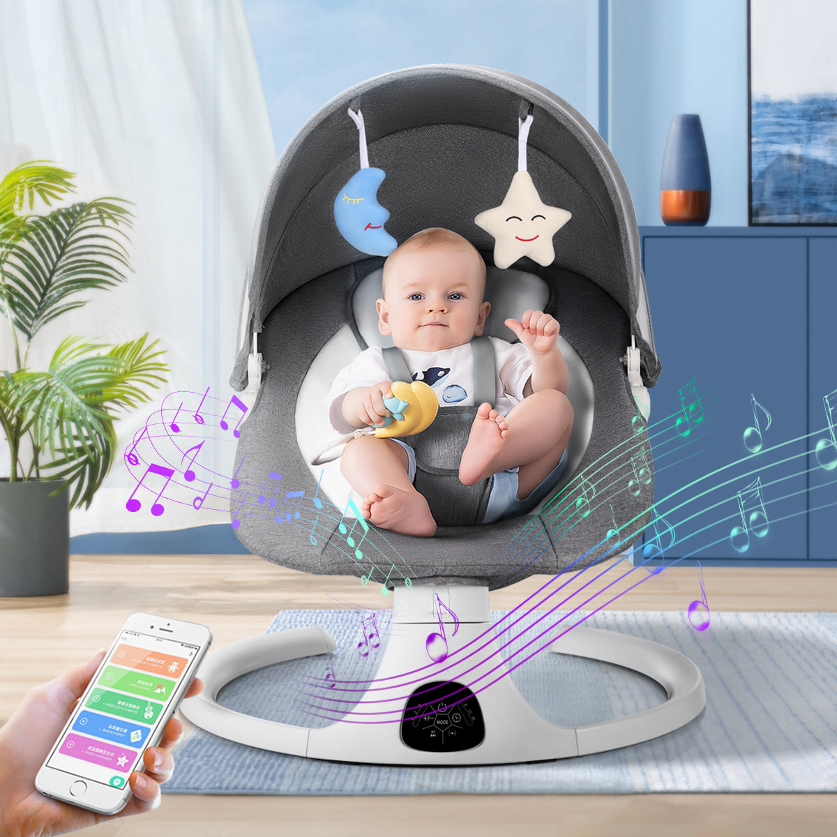 Glavbiku Electric Baby Swing for Infants,Bluetooth Swing Baby Rocking Chair with Intelligent Timing,Gray