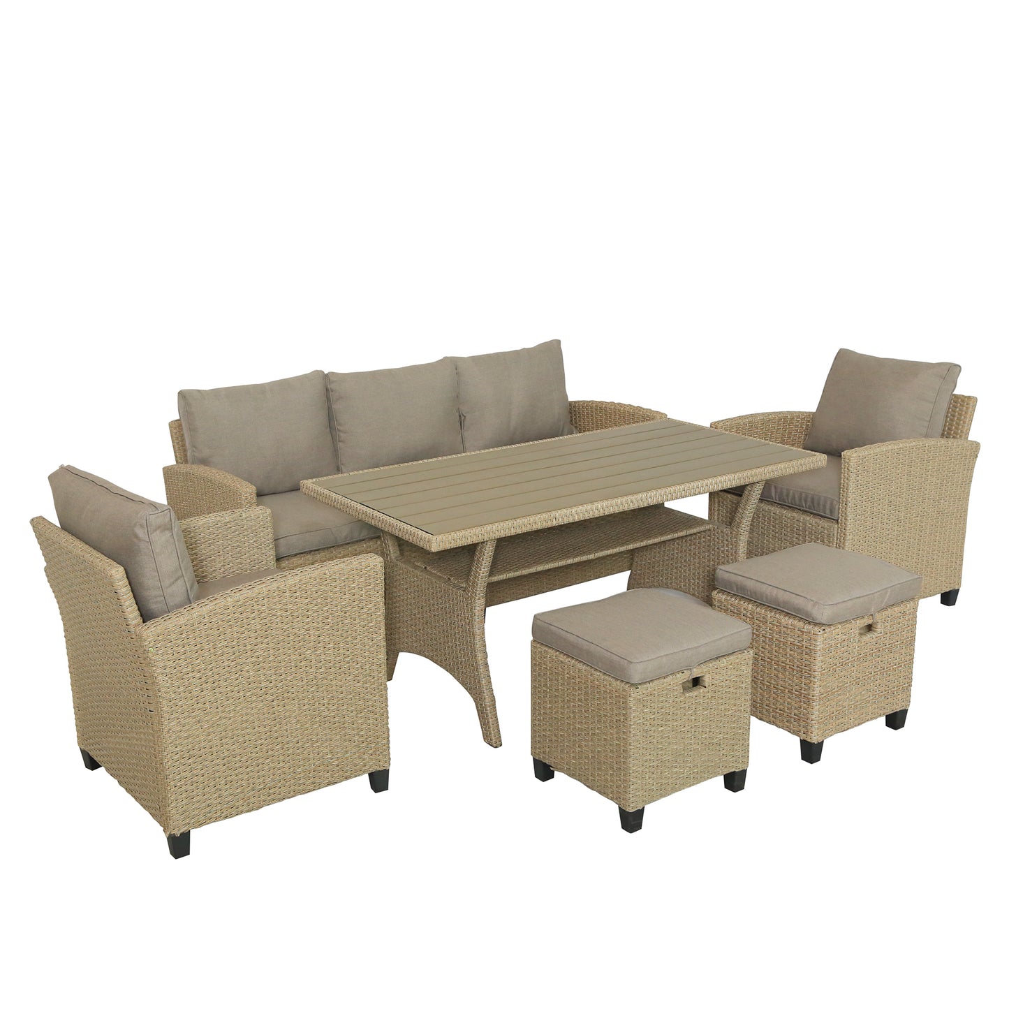 TOPMAX 6 Piece Outdoor Rattan Wicker Set Patio Garden Backyard Sofa, Chair, Stools and Table