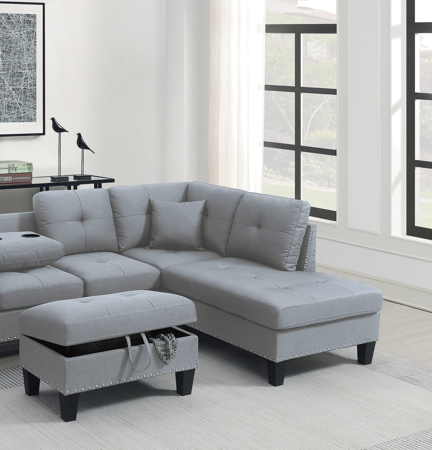 Living Room Furniture 3-PCS Sectional Sofa Set LAF Sofa RAF Chaise And Storage Ottoman Cup Holder Taupe Grey Color Linen-Like Fabric Couch