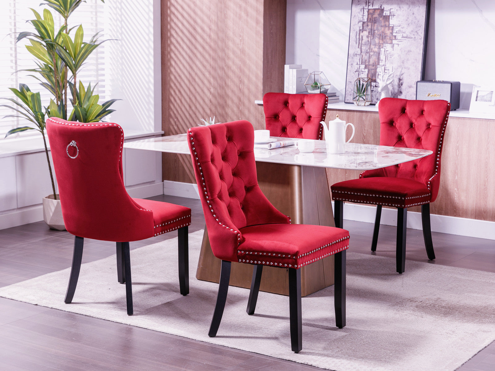 Classic Velvet Dining Chairs,  High-end Tufted Solid Wood Contemporary Velvet Upholstered Dining Chair with Wood Legs Nailhead, SET OF 2,Burgundy, Wine Red,SW2001WR