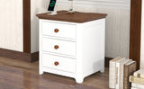 Wooden Nightstand with USB Charging Ports and Three Drawers,End Table for Bedroom,White+Walnut