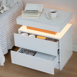 Nightstand LED Bedside Table Cabinet Lights Modern End Side with 2 Drawers for Bedroom (White Red)