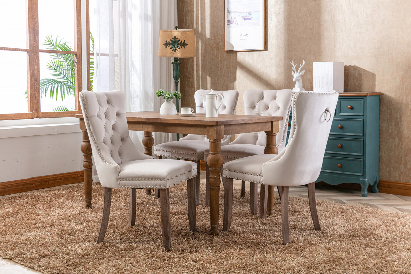 Nikki Collection Modern, High-end Tufted Solid Wood Contemporary Velvet Upholstered Dining Chair with Wood Legs Nailhead Trim 2-Pcs Set,Beige, SW2001BG