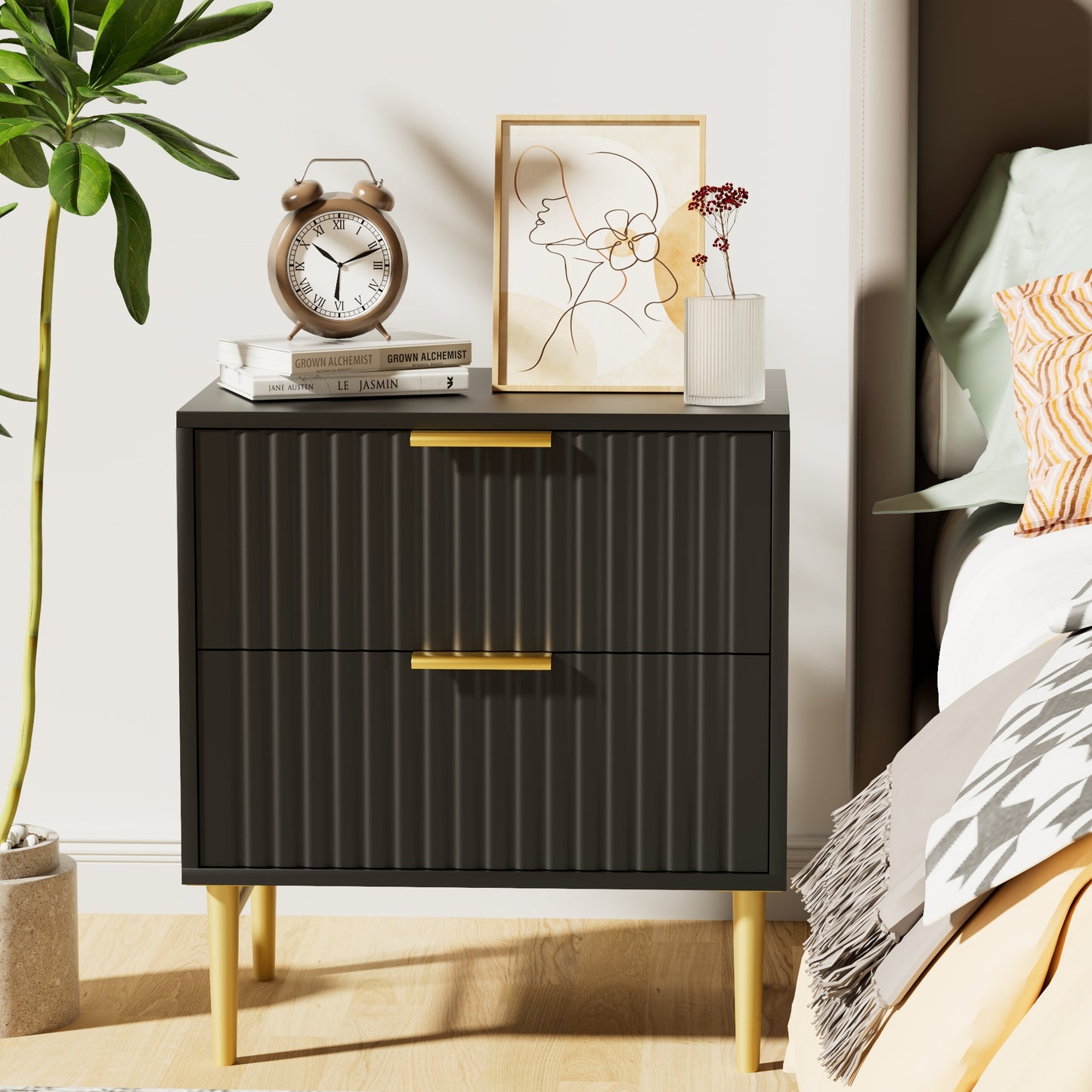 Glavbiku Modern Nightstand with 2 Drawer,Fluted Bedside Table with Golden Legs,Black,Adult,23.5" H