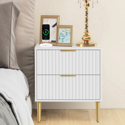 Glavbiku Modern 2 Drawers Nightstands,Wood Bedside Table with Charging,White,Adult