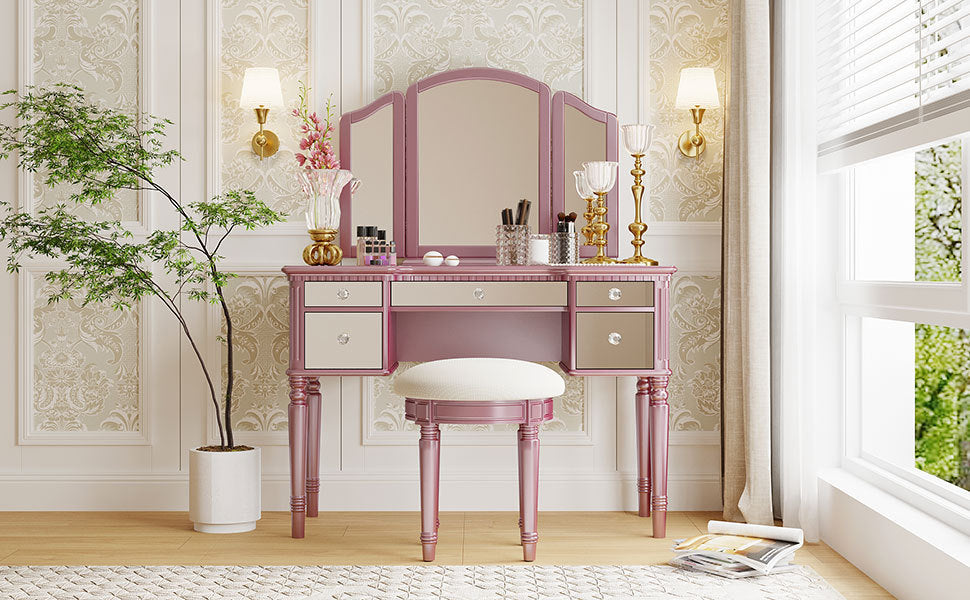 GO 43" Dressing Table Set with Mirrored Drawers and Stool, Tri-fold Mirror, Makeup Vanity Set for Bedroom, Rose Gold