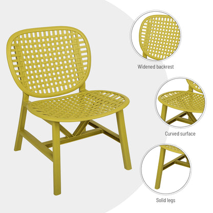 3 Pieces Hollow Design Patio Table Chair Set All Weather Conversation Bistro Set Outdoor Coffee Table with Open Shelf and Lounge Chairs with Widened Seat for Balcony Garden Yard Yellow