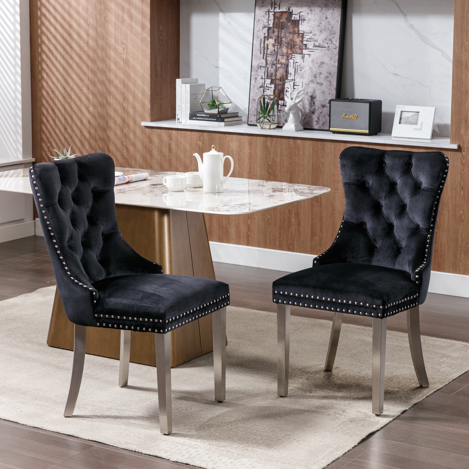 Nikki Collection Modern, High-end Tufted Solid Wood Contemporary Velvet Upholstered Dining Chair with Chrome Stainless Steel Plating Legs,Nailhead Trim,Set of 2,Black and Chrome, SW1701BK