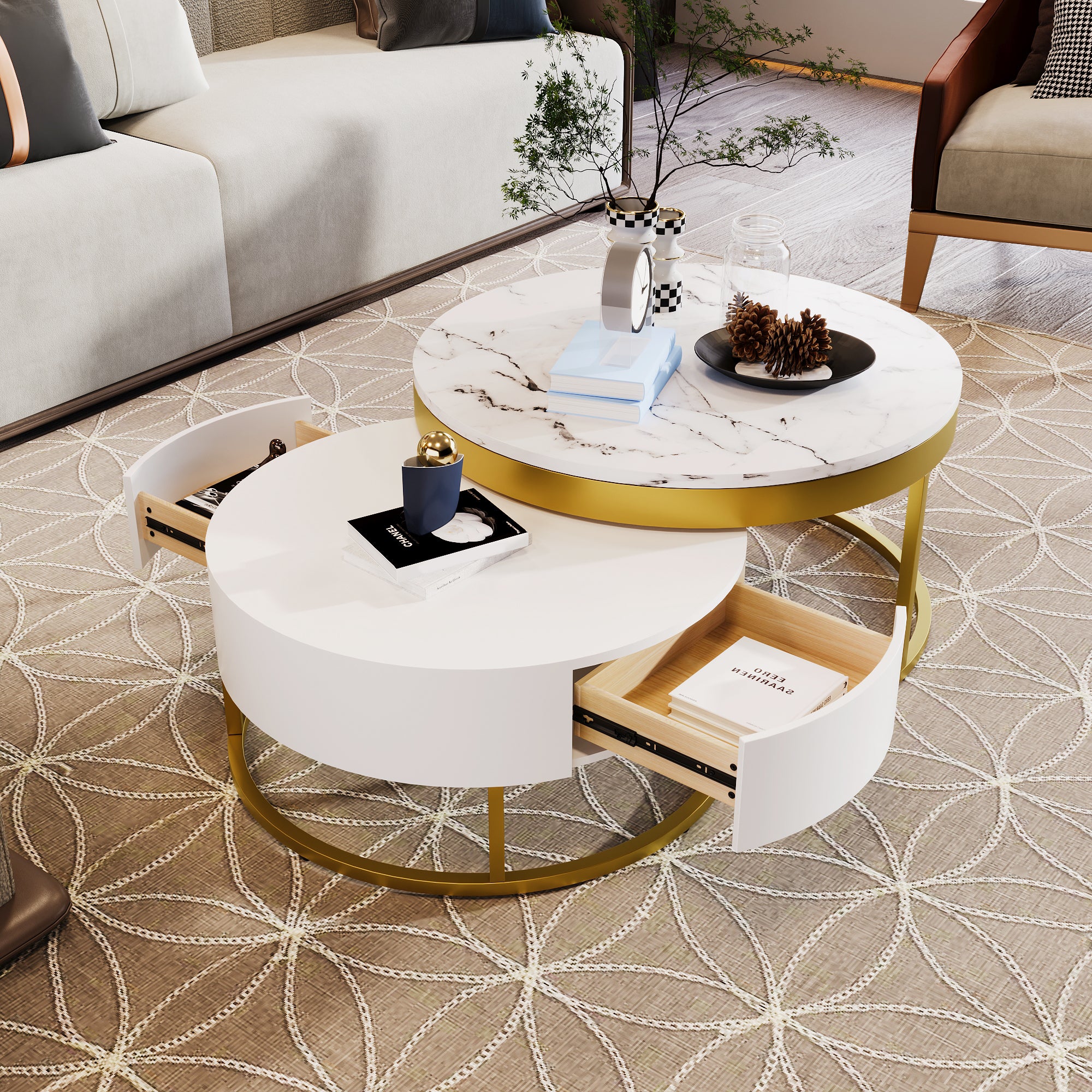 Modern Round  Nesting Coffee Table with Drawers in White