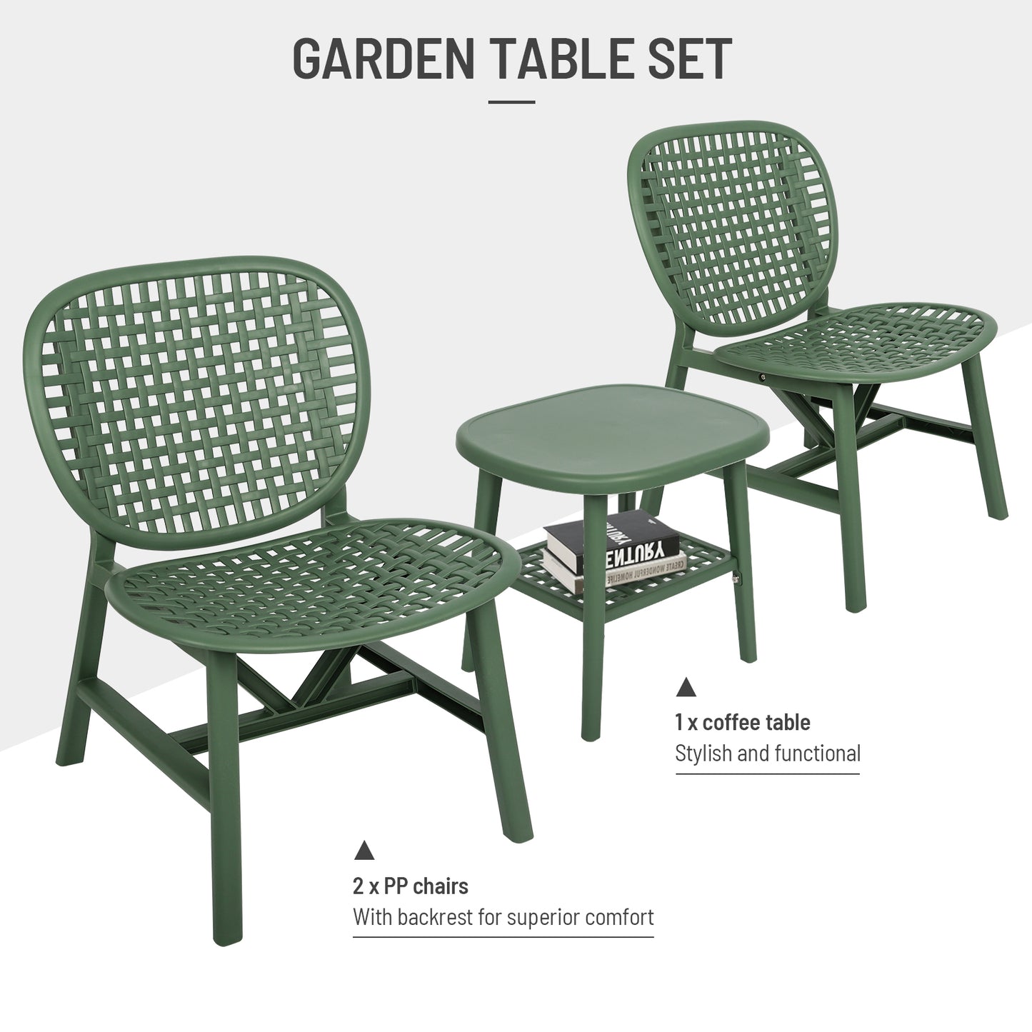 3 Pieces Hollow Design Retro Patio Table Chair Set All Weather Conversation Bistro Set Outdoor Table with Open Shelf and Lounge Chairs with Widened Seat for Balcony Garden Yard  Green