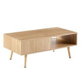 41.34" Rattan Coffee table, sliding door for storage, solid wood legs, Modern table  for living room , natural