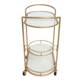 30 Inch 3 Tier Bar Cart with Matte Gold Metal Frame, White Marble and Glass Shelves