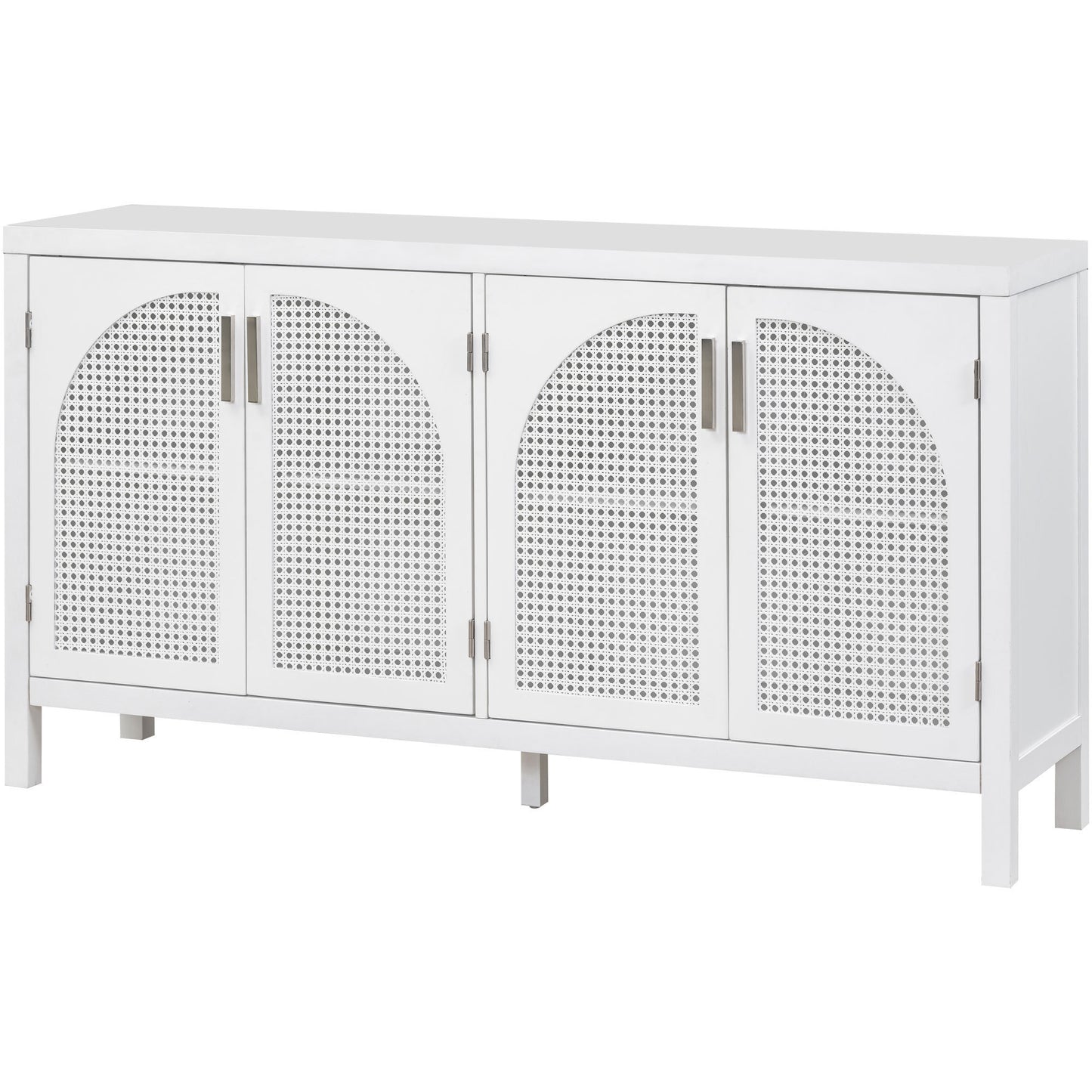 TREXM Large Storage Space Sideboard with Artificial Rattan Door and Metal Handles for Living Room and Entryway (White)