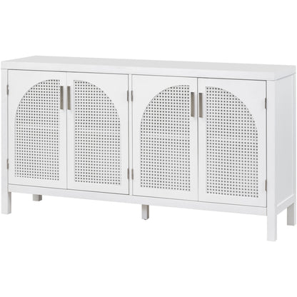 TREXM Large Storage Space Sideboard with Artificial Rattan Door and Metal Handles for Living Room and Entryway (White)