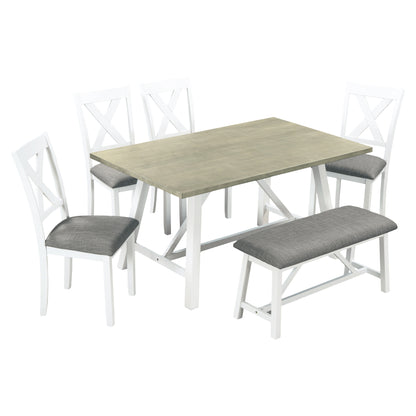 TOPMAX 6 Piece Dining Table Set Wood Dining Table and chair Kitchen Table Set with Table, Bench and 4 Chairs, Rustic Style,White+Gray