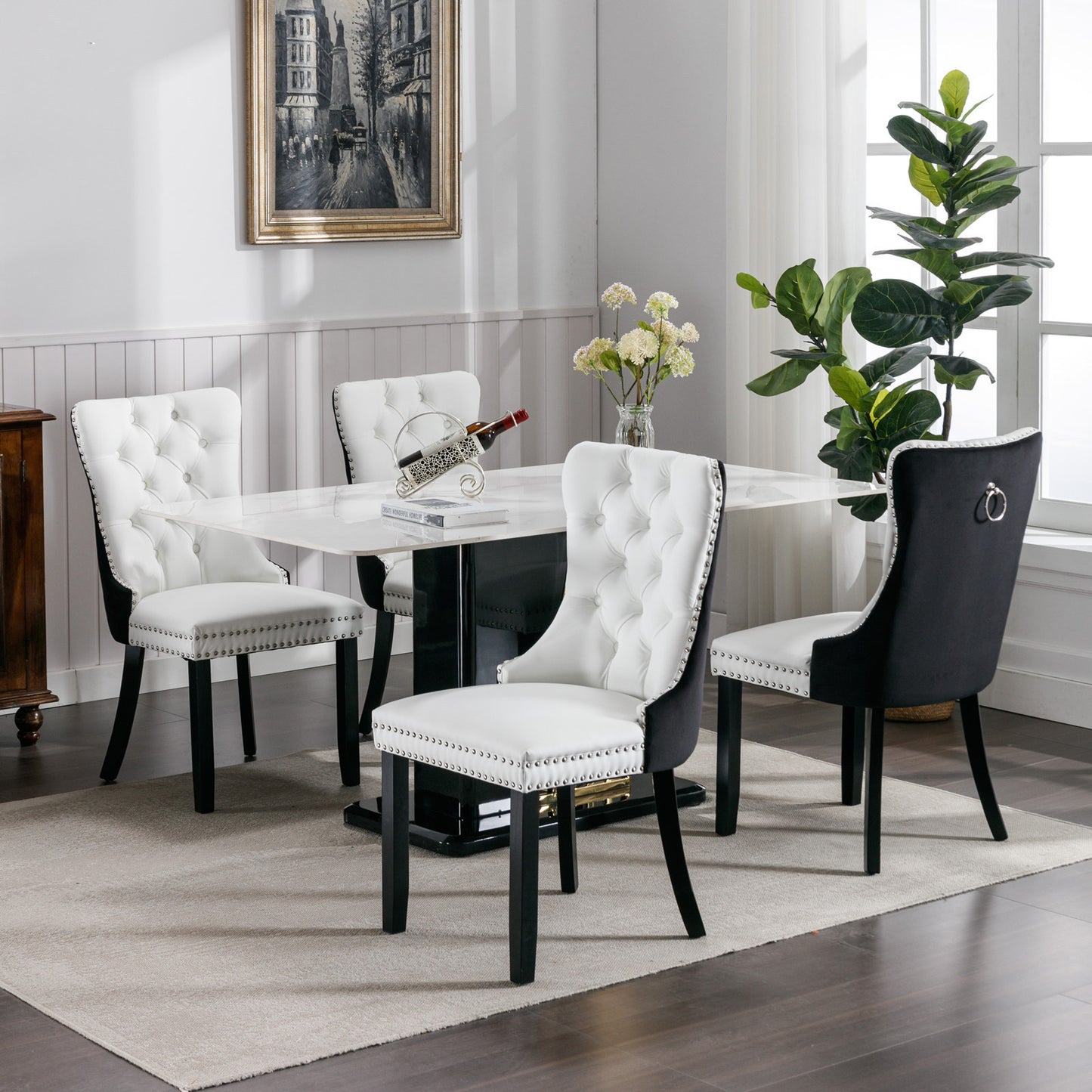 A&A Furniture,Nikki Collection Modern, High-end Tufted Solid Wood Contemporary PU and Velvet Upholstered Dining Chair with Wood Legs Nailhead Trim  2-Pcs Set，White+Black, SW2101WB