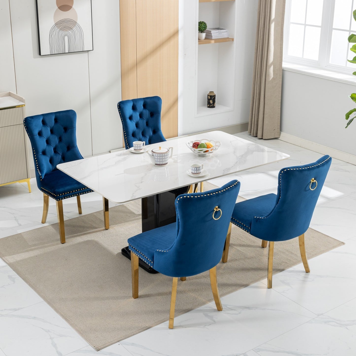 A&A Furniture,Nikki Collection Modern, High-end Tufted Solid Wood Contemporary Velvet Upholstered Dining Chair with Golden Stainless Steel Plating Legs,Nailhead Trim,Set of 2,Blue and Gold, SW1601BL