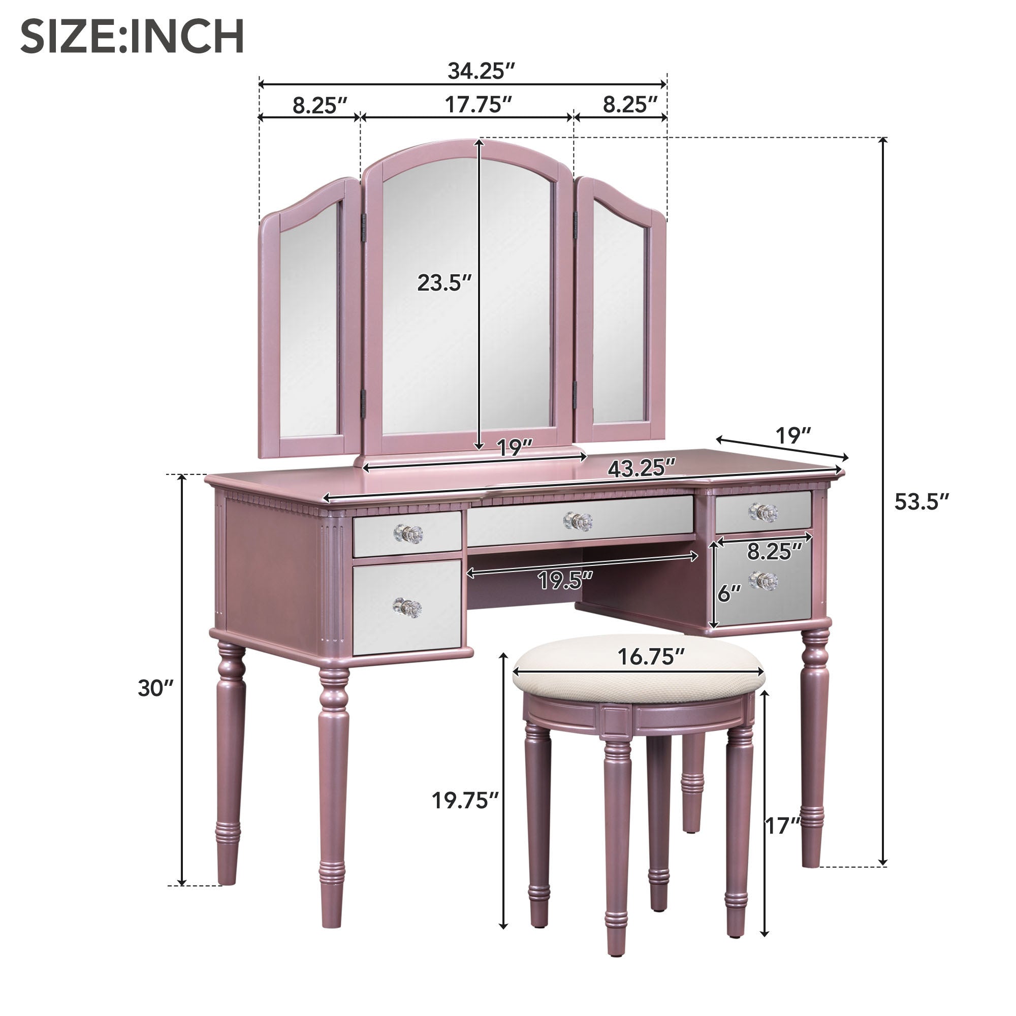 GO 43" Dressing Table Set with Mirrored Drawers and Stool, Tri-fold Mirror, Makeup Vanity Set for Bedroom, Rose Gold