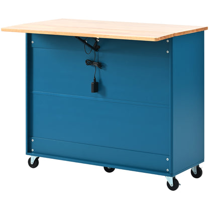 Kitchen Island with Drop Leaf, LED Light Kitchen Cart on Wheels with 2 Fluted Glass Doors and 1 Flip Cabinet Door, Large Kitchen Island Cart with an Adjustable Shelf and 2 Drawers (Navy Blue)