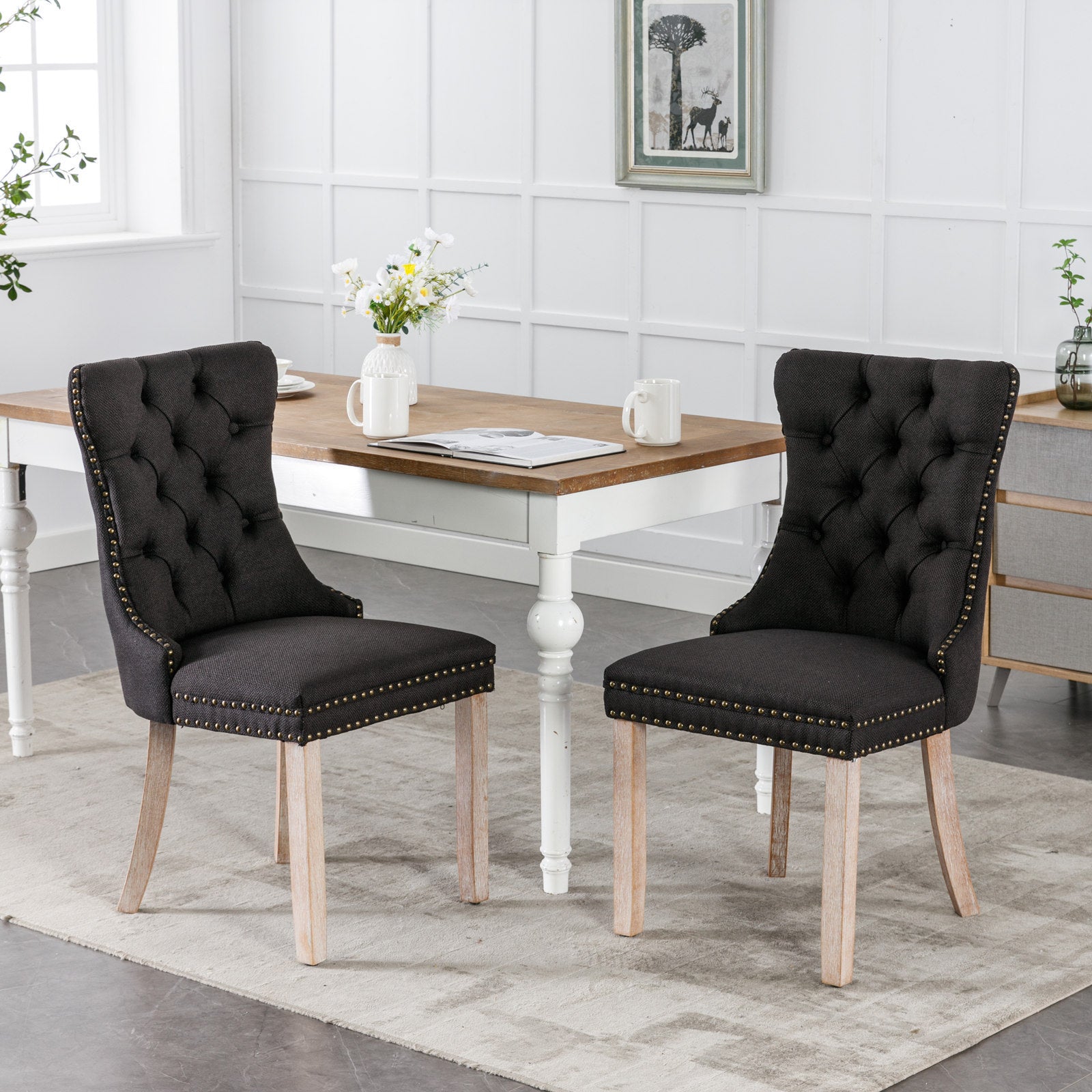 Nikki Collection Modern, High-end Tufted Solid Wood Contemporary Flax Upholstered Linen Dining Chair with Wood Legs Nailhead Trim 2-Pcs Set,Black Linen, SW6801BK