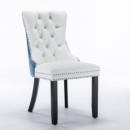 A&A Furniture,Nikki Collection Modern, High-end Tufted Solid Wood Contemporary PU and Velvet Upholstered Dining Chair with Wood Legs Nailhead Trim  2-Pcs Set, White+Light Blue, SW2101WL