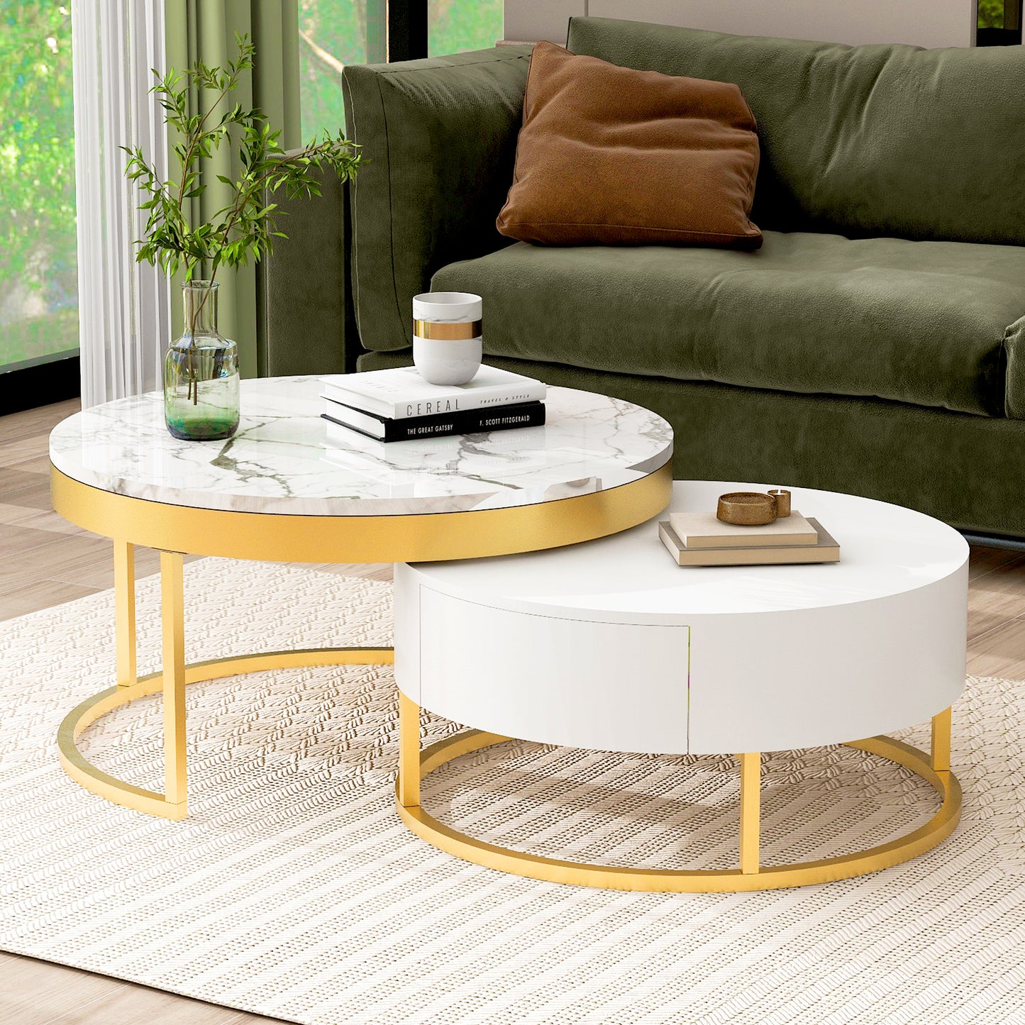 Modern Round  Nesting Coffee Table with Drawers in White