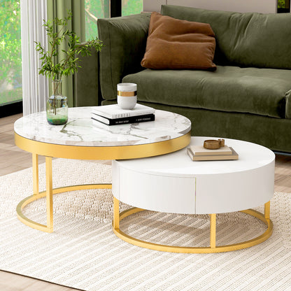 Modern Round  Nesting Coffee Table with Drawers in White