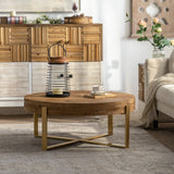 31.29"Modern Retro Splicing Round Coffee Table,Fir Wood Table Top with Gold Cross Legs  Base(Same SKU:W757123559)