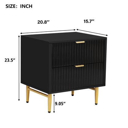 Glavbiku Modern Nightstand with 2 Drawer,Fluted Bedside Table with Golden Legs,Black,Adult,23.5" H