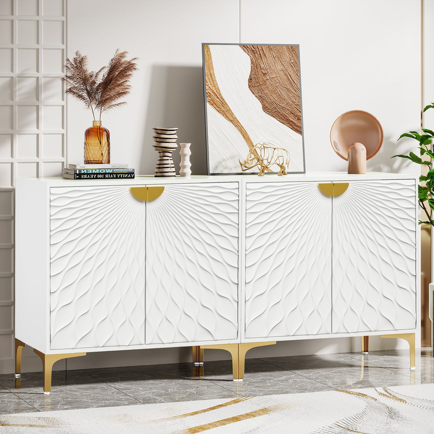 Glavbiku Accent Cabinets with Radial Wave Pattern 2 Door,Gold Handle Sideboard for Living Room,White