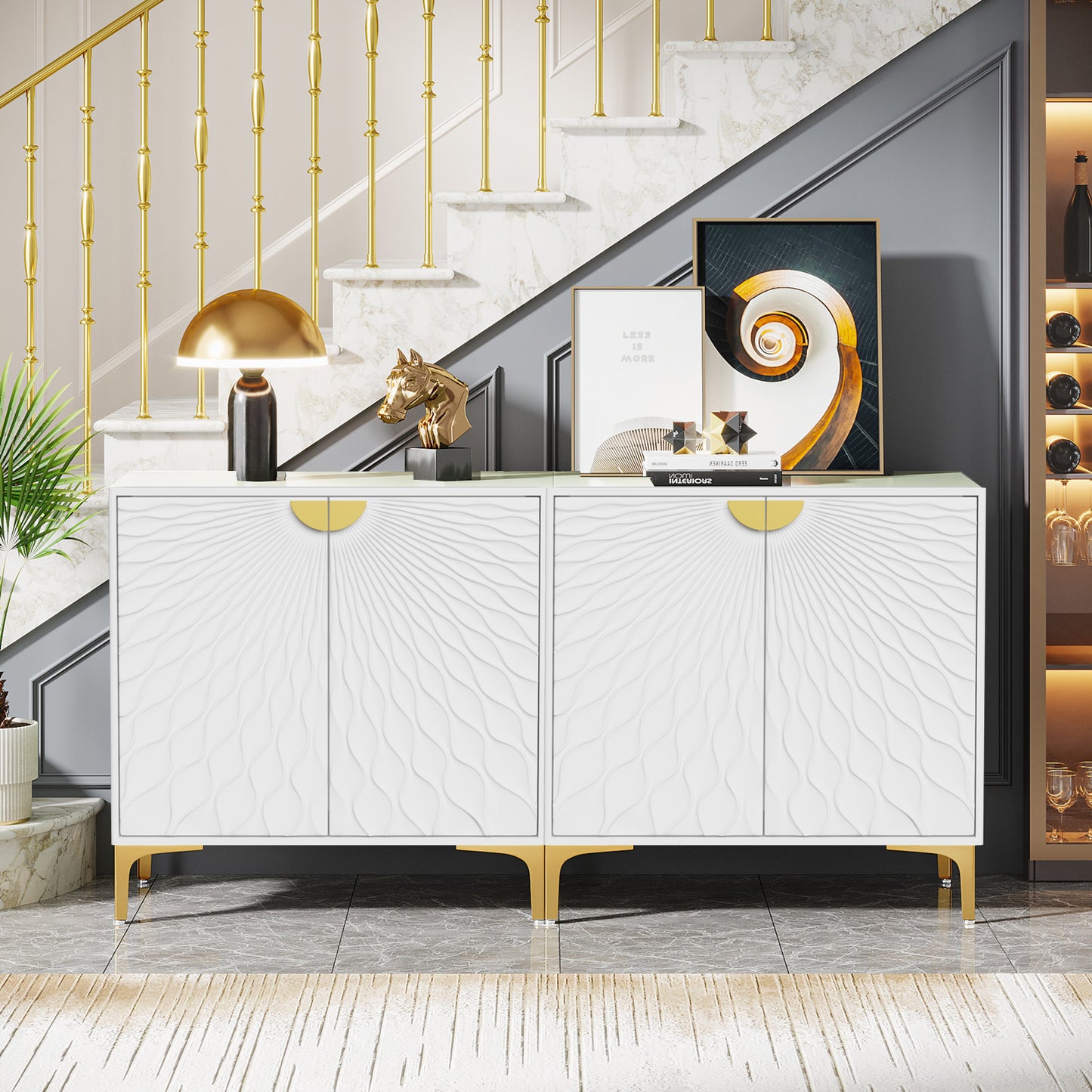 Glavbiku Accent Cabinets with Radial Wave Pattern 2 Door,Gold Handle Sideboard for Living Room,White