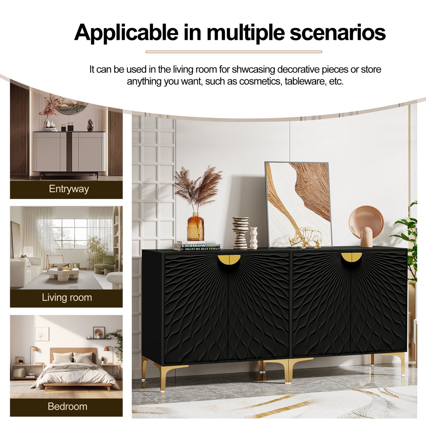 Glavbiku Accent Cabinets with Radial Wave Pattern 2 Door,Gold Handle Sideboard for Living Room,White