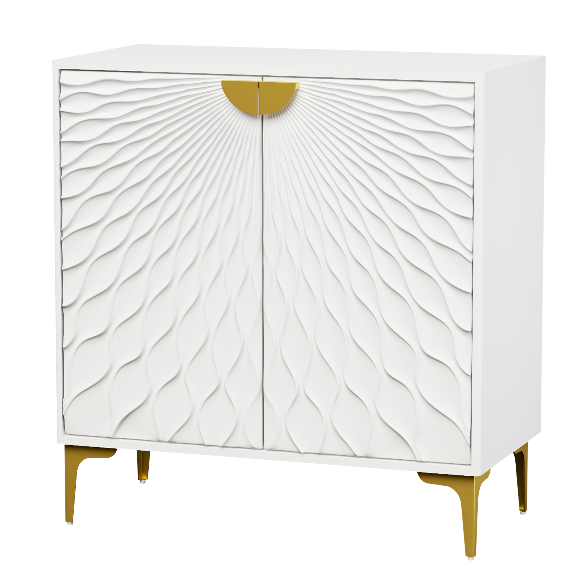 Glavbiku Accent Cabinets with Radial Wave Pattern 2 Door,Gold Handle Sideboard for Living Room,White