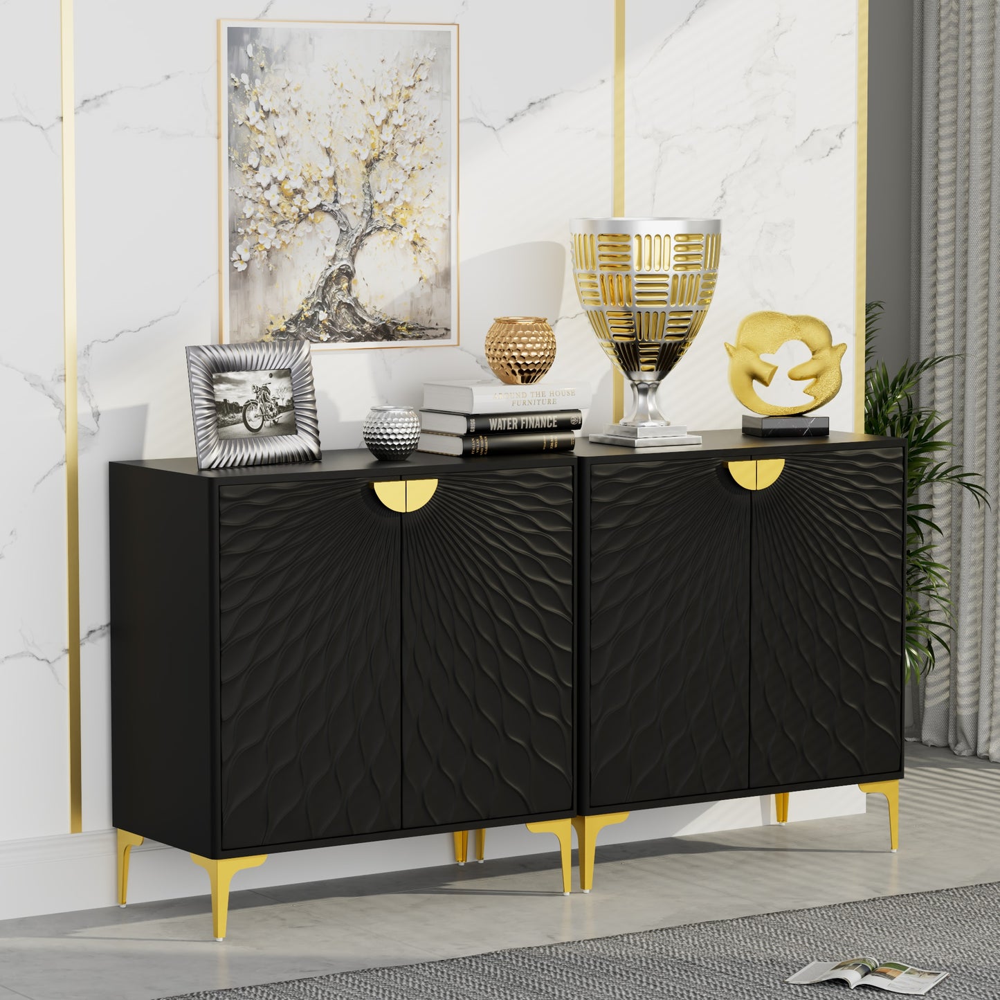 Glavbiku Accent Cabinets with Radial Wave Pattern 2 Door,Gold Handle Sideboard for Living Room,White