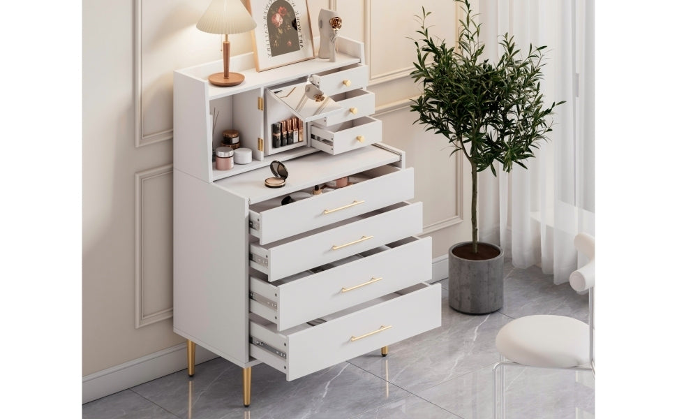 Vanity Makeup Table with Mirror and Retractable Table, Storage Dresser for Bedroom with 7 Drawers and Hidden Storage,White