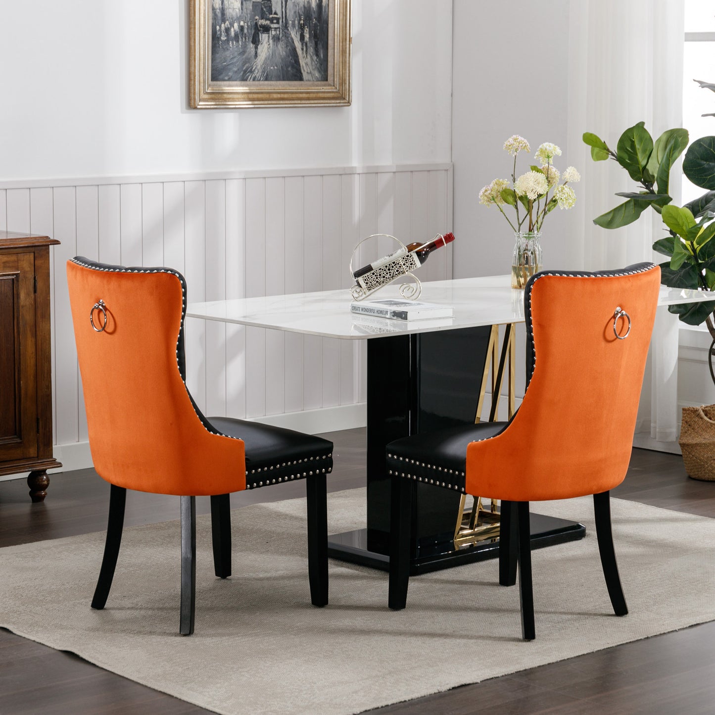 A&A Furniture,Nikki Collection Modern, High-end Tufted Solid Wood Contemporary PU and Velvet Upholstered Dining Chair with Wood Legs Nailhead Trim  2-Pcs Set，Black+Orange, SW2101BO