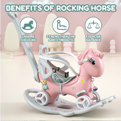 Rocking Horse for Toddlers, Balance Bike Ride On Toys with Push Handle, Backrest and Balance Board for Baby Girl and Boy, Unicorn Kids  Pink Color