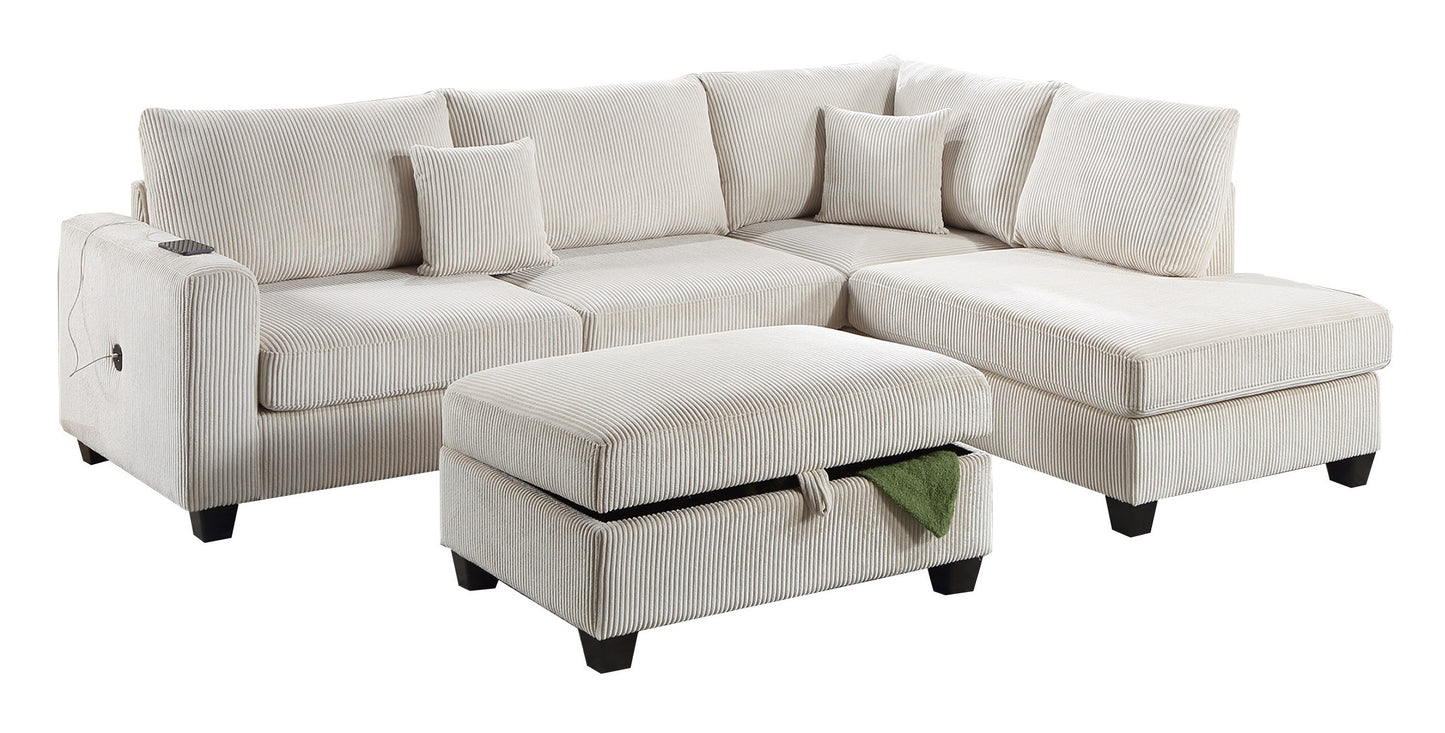 Ivory Color 3pc Sectional Set Corduroy Upholstered LAF Sofa RAF Chaise Ottoman L-Sectional Living Room Furniture